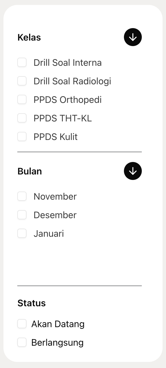 Filter Sidebar Kelas Live dan Kelas Rekaman